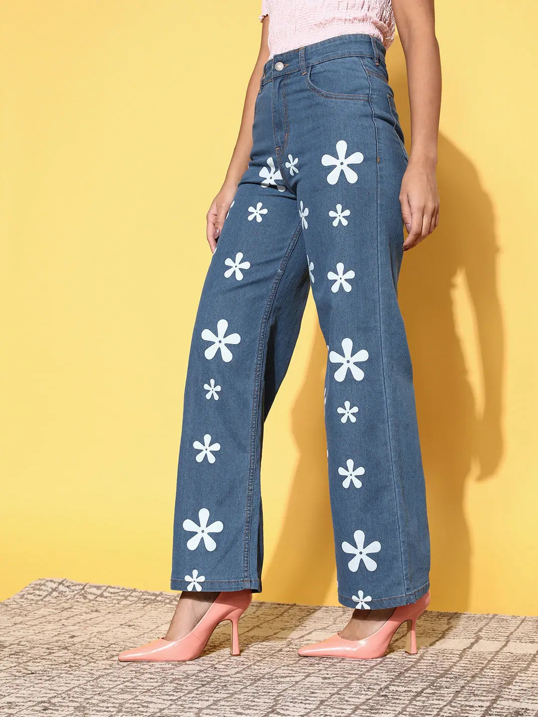 Blue Floral Print Straight Jeans | Women's Western Wear