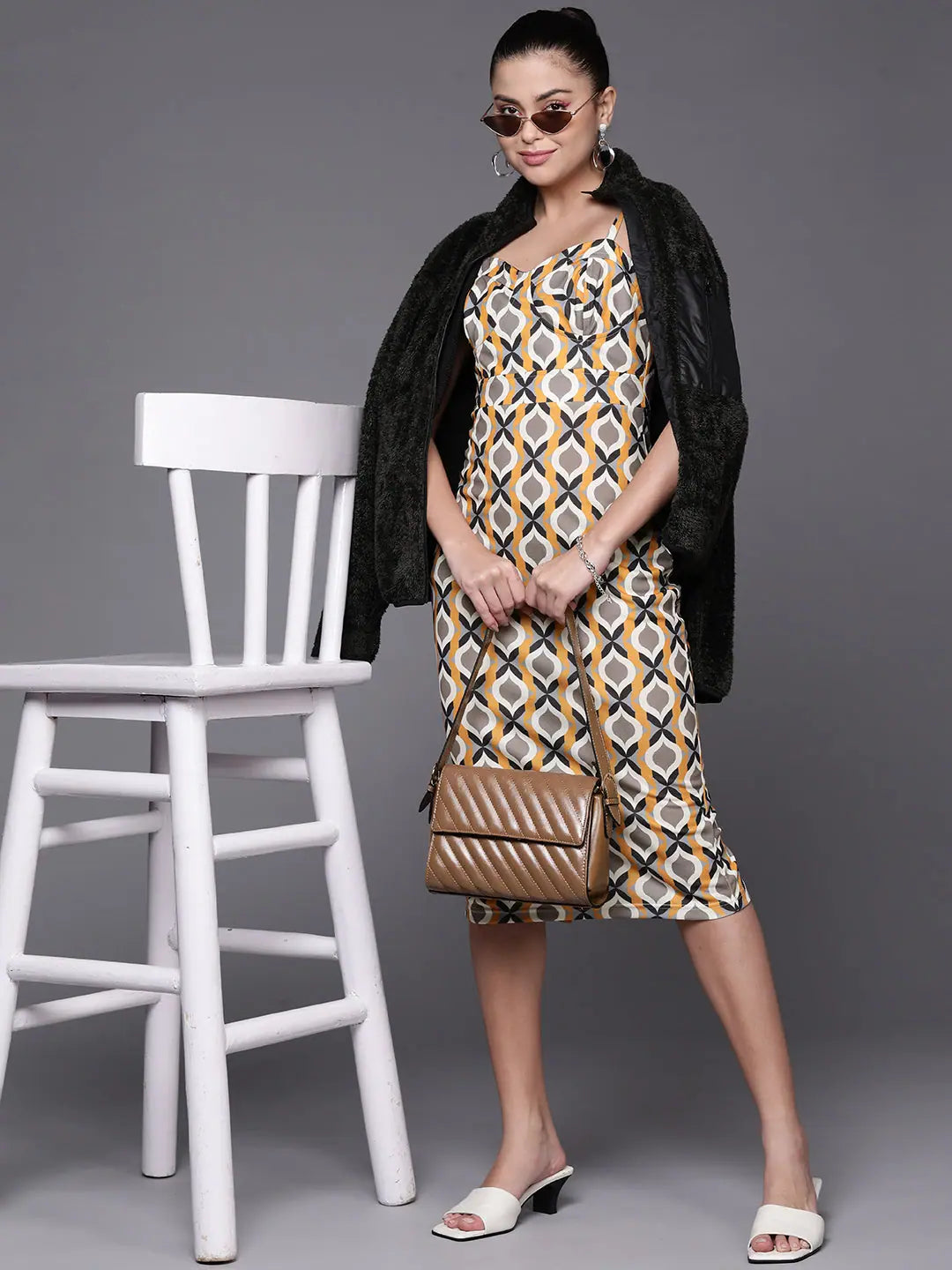 Mustard Geometric Bodycon Dress | Designer Lehenga for Women