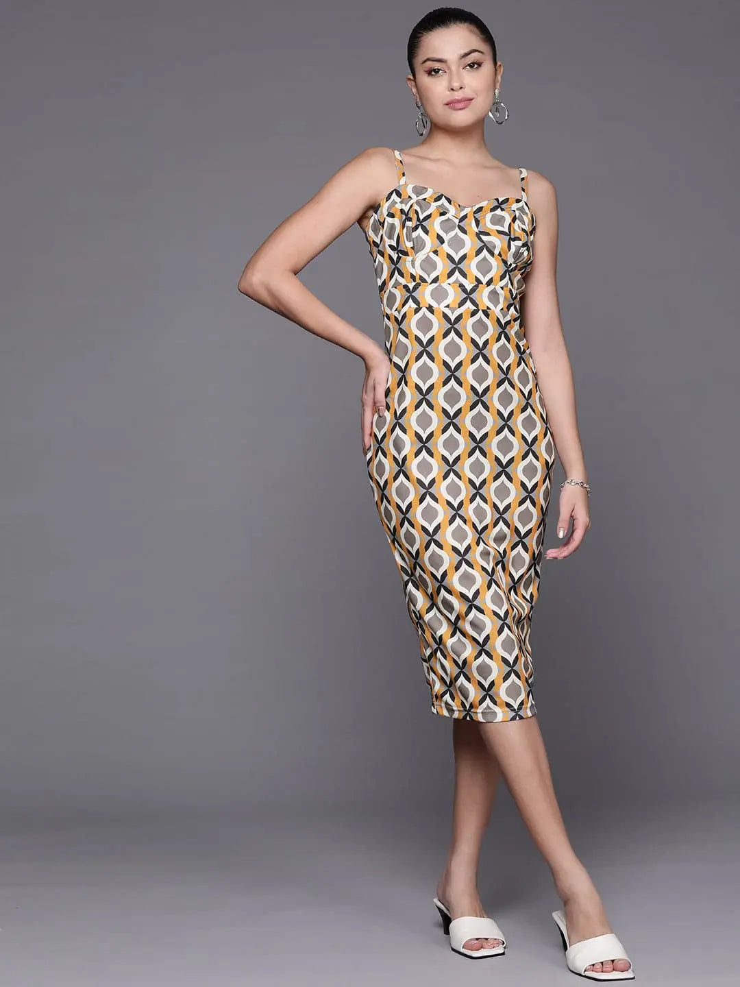 Mustard Geometric Bodycon Dress | Designer Lehenga for Women