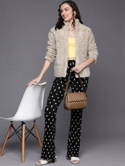Women Solid Beige Full Sleeve Jacket