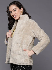 Women Solid Beige Full Sleeve Jacket