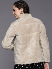 Women Solid Beige Full Sleeve Jacket