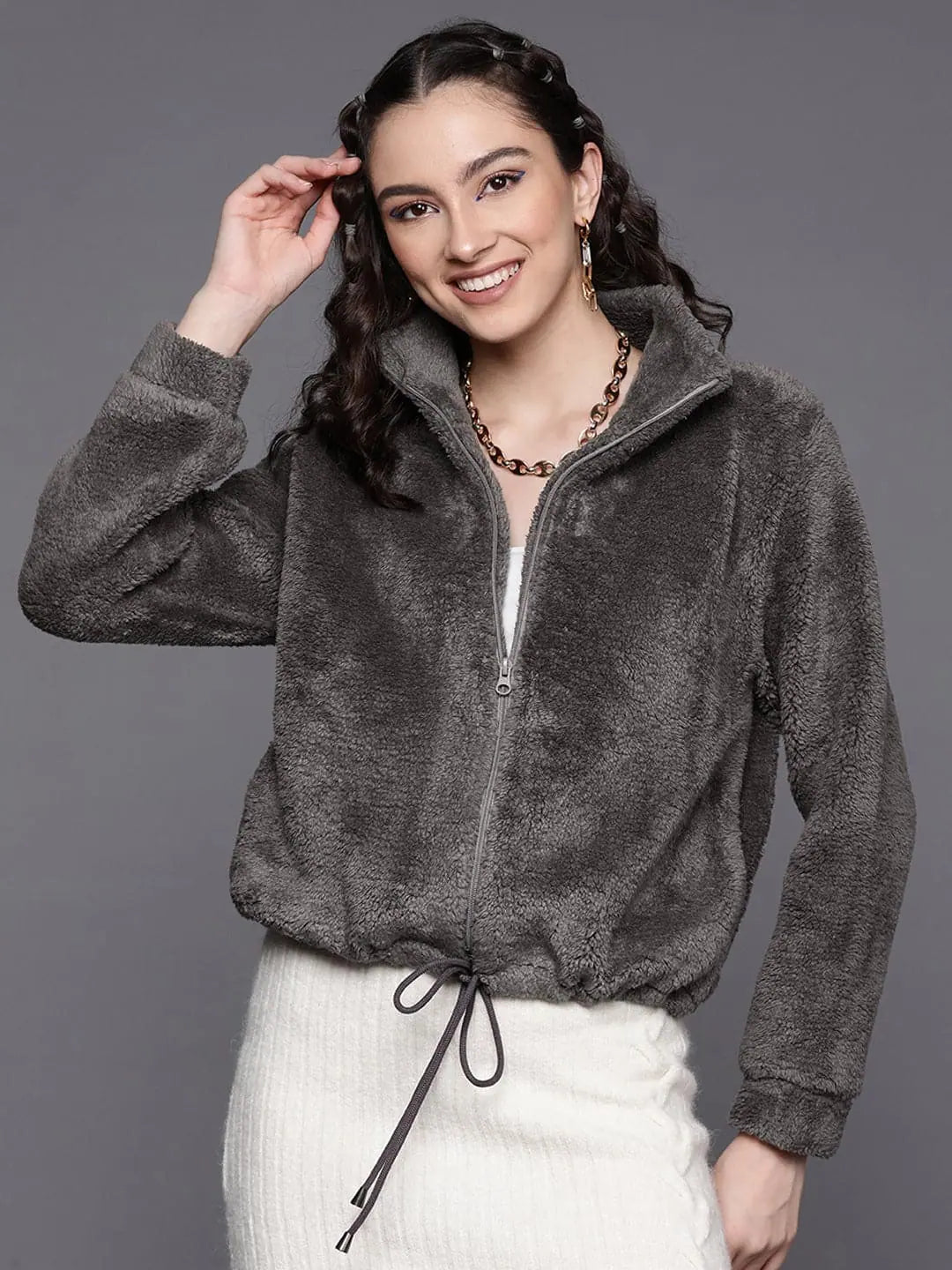 Women's Grey Faux Fur Crop Jacket | Trendy Jacket for Women