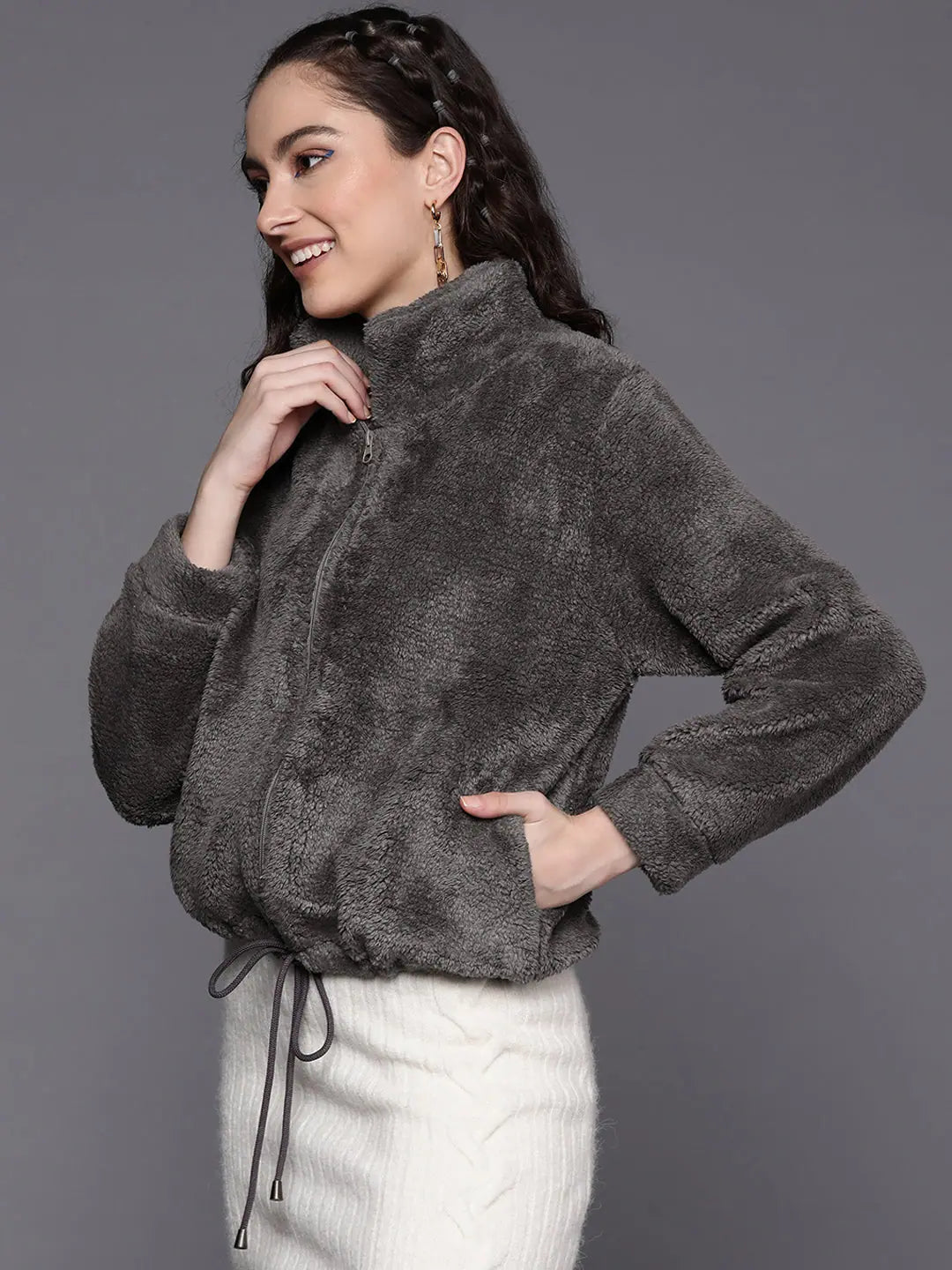Women's Grey Faux Fur Crop Jacket | Trendy Jacket for Women