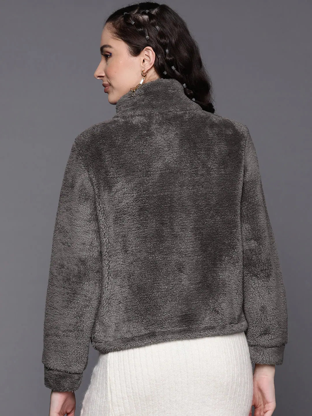 Women's Grey Faux Fur Crop Jacket | Trendy Jacket for Women