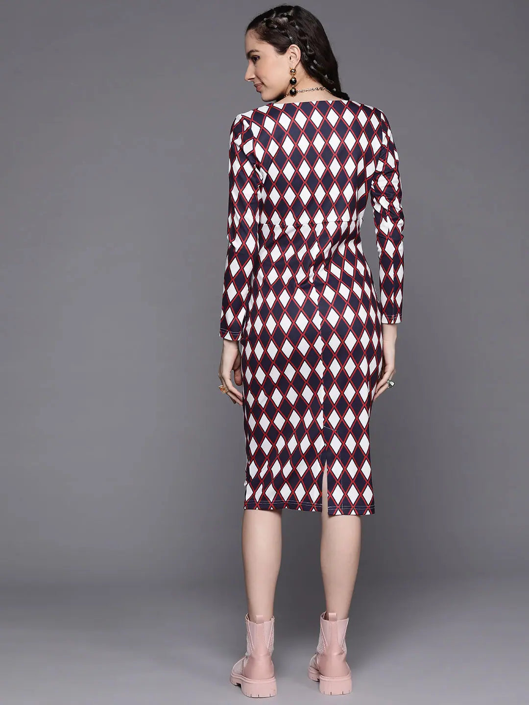 Navy Geometric Wrap Midi Dress | Women's Designer Dress