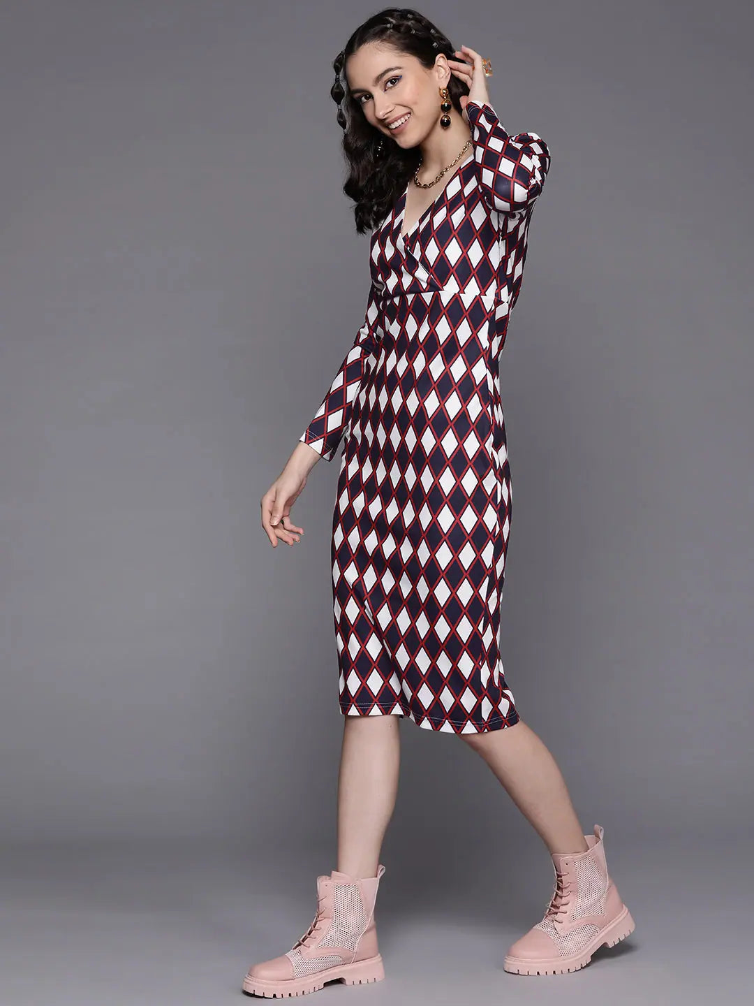 Navy Geometric Wrap Midi Dress | Women's Designer Dress