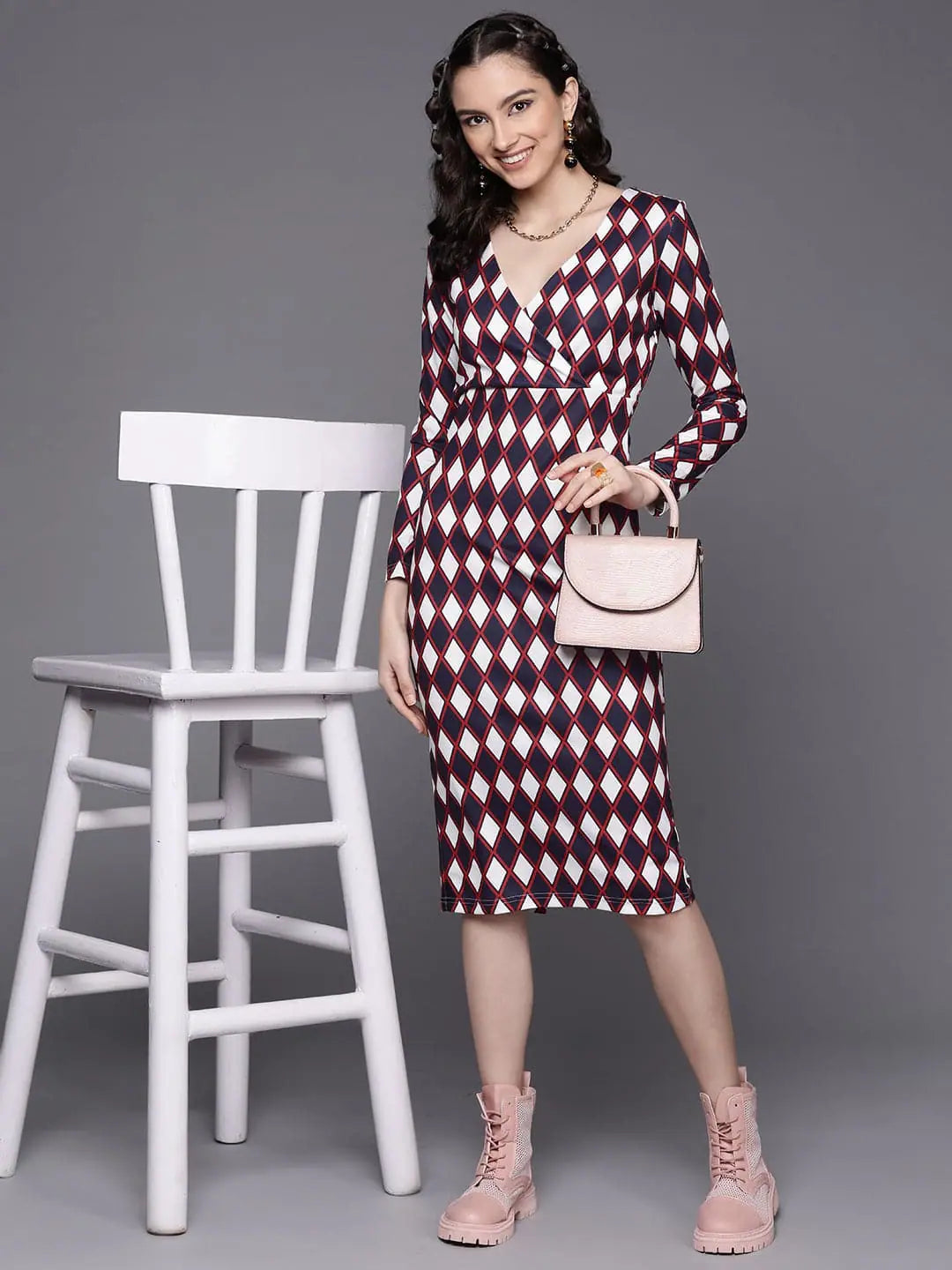 Navy Geometric Wrap Midi Dress | Women's Designer Dress