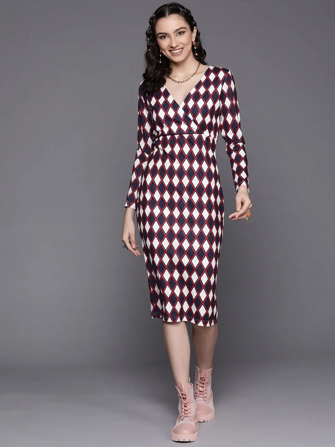 Navy Geometric Wrap Midi Dress | Women's Designer Dress