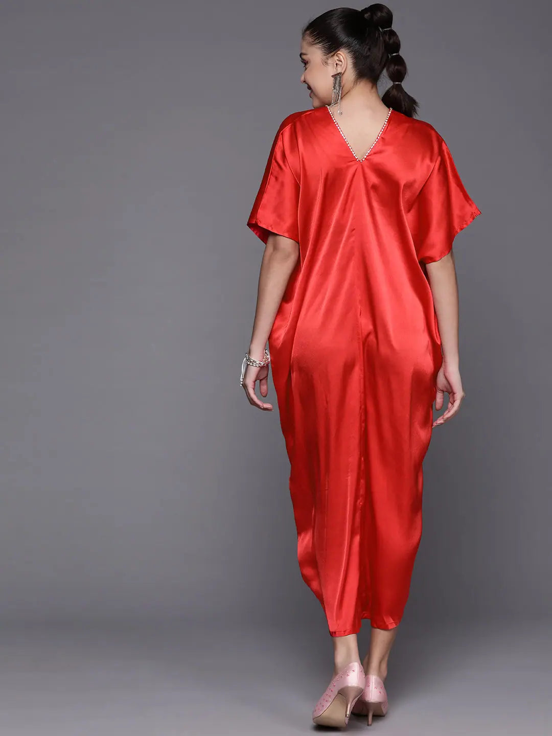 Red Satin Kaftan Midi Dress | Stylish Kaftans For Women