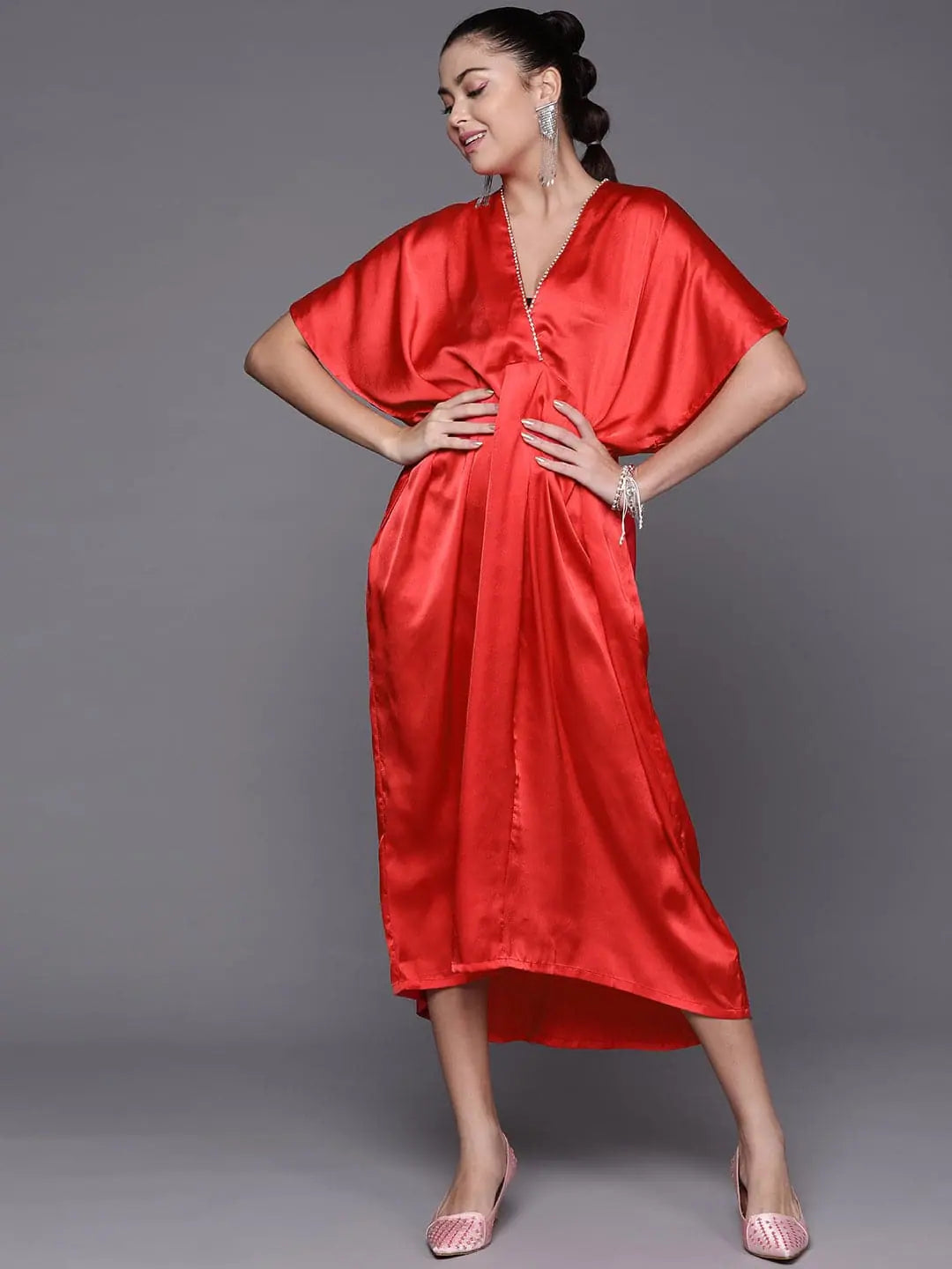 Red Satin Kaftan Midi Dress | Stylish Kaftans For Women