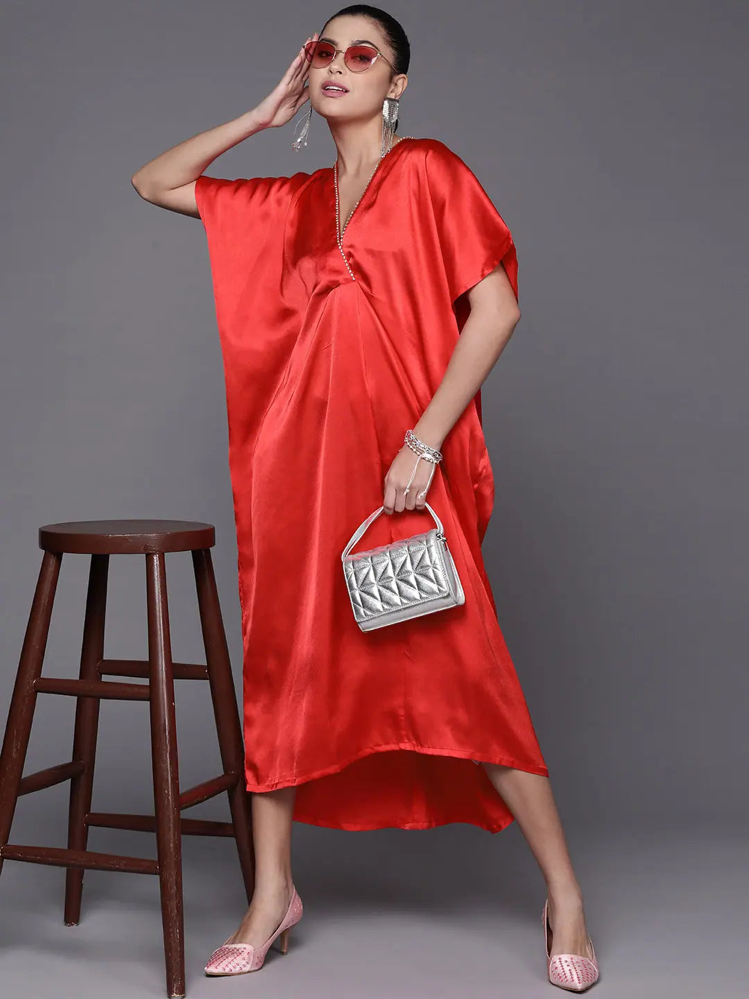 Red Satin Kaftan Midi Dress | Stylish Kaftans For Women