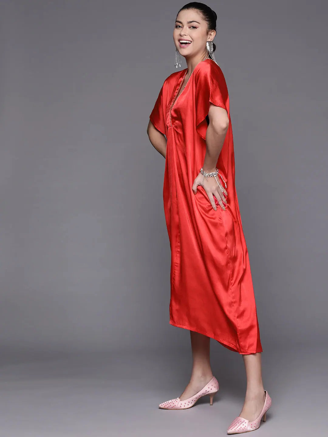 Red Satin Kaftan Midi Dress | Stylish Kaftans For Women