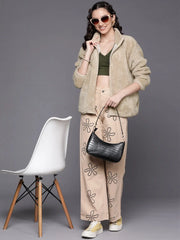 Women Solid Beige Full Sleeve Jacket