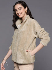 Women Solid Beige Full Sleeve Jacket