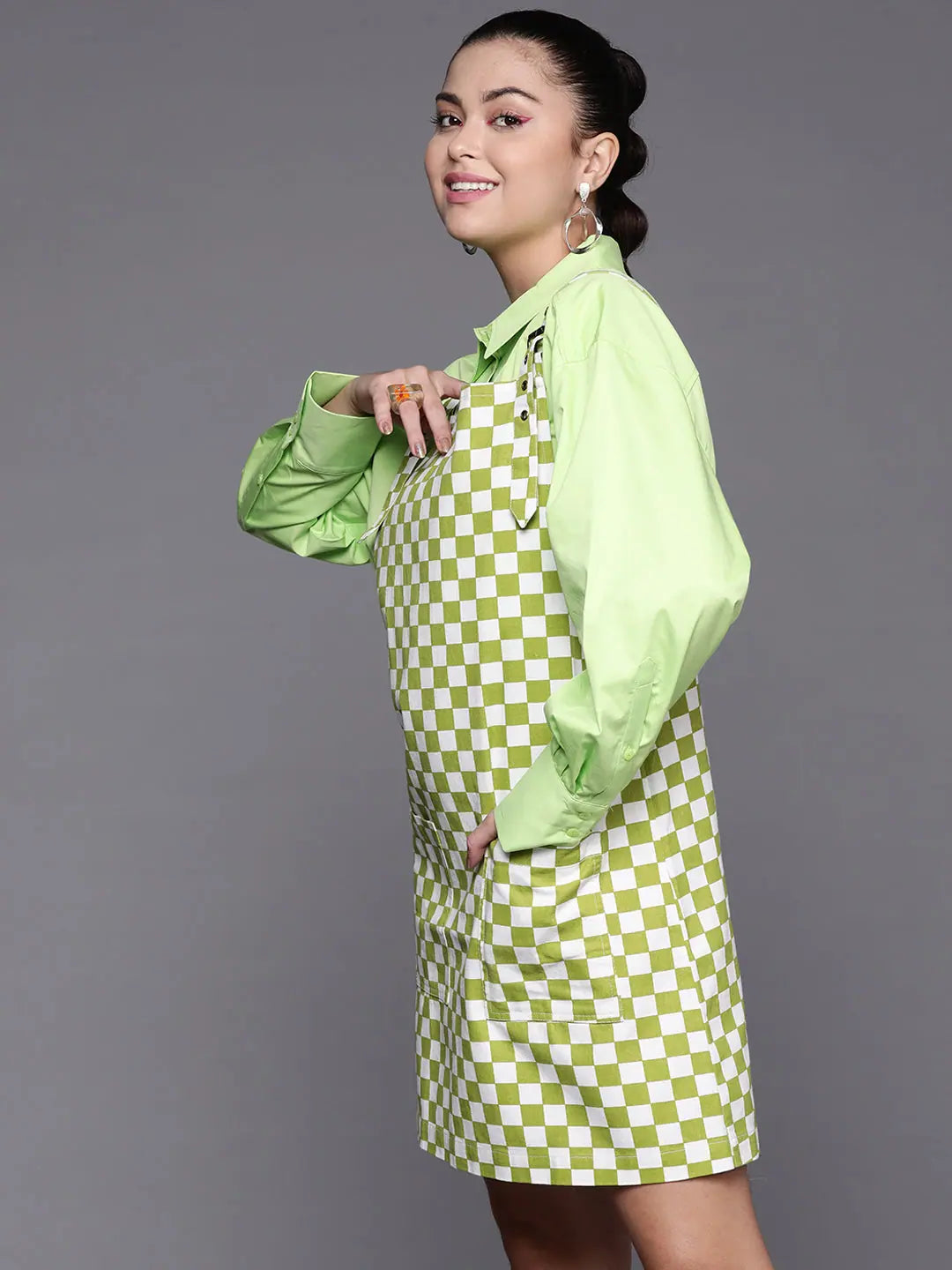 Green Chequerboard Pinafore Dress | Women's Cotton Lehenga