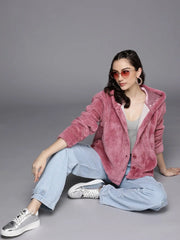 Women Solid Pink Full Sleeve Jacket