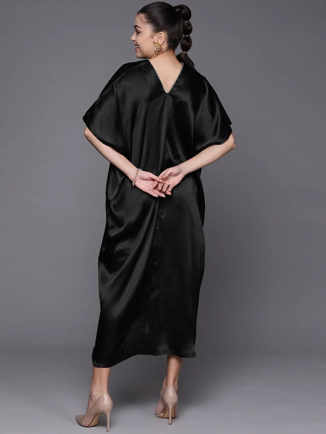 Black Satin Kaftan Midi Dress | Stylish Kaftans for Women