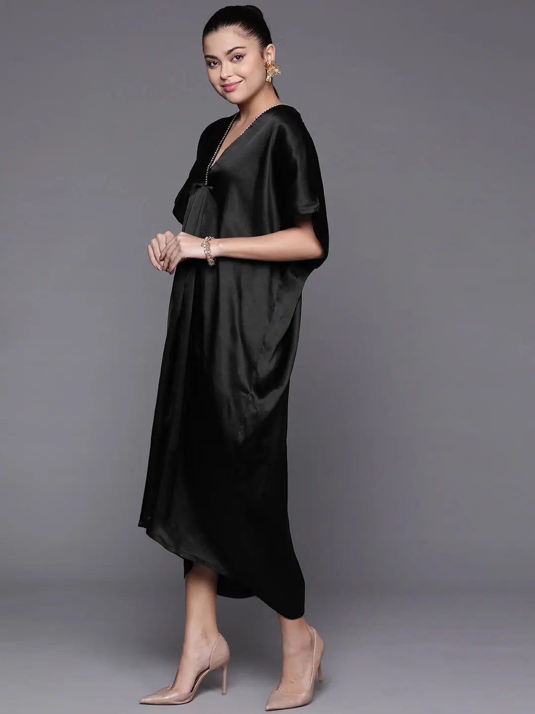 Black Satin Kaftan Midi Dress | Stylish Kaftans for Women