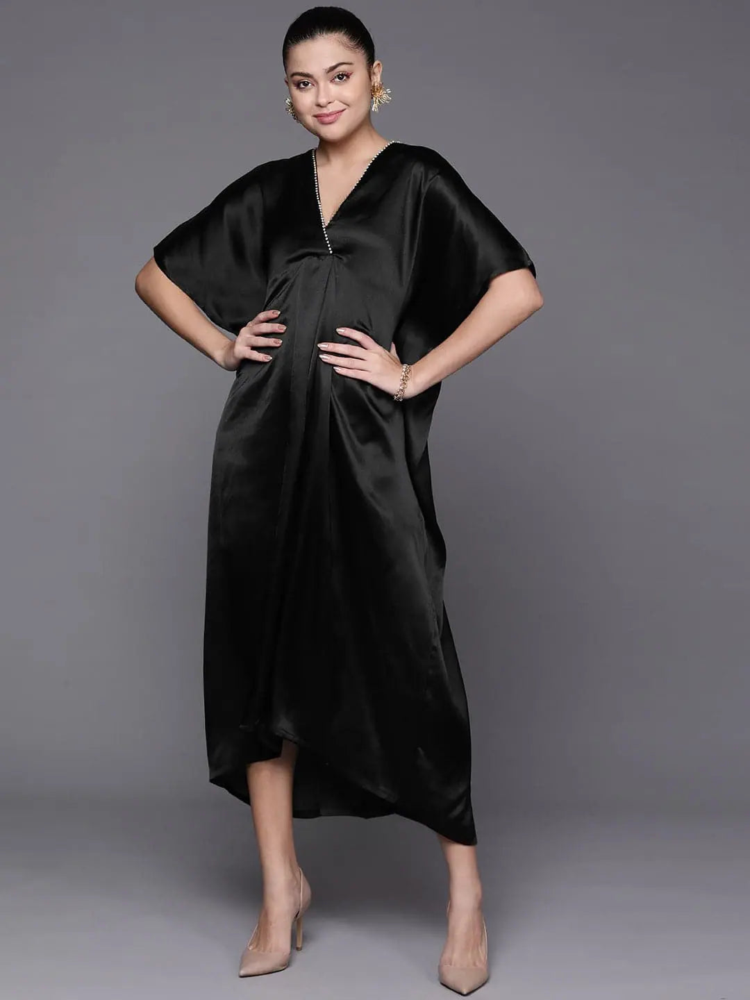 Black Satin Kaftan Midi Dress | Stylish Kaftans for Women