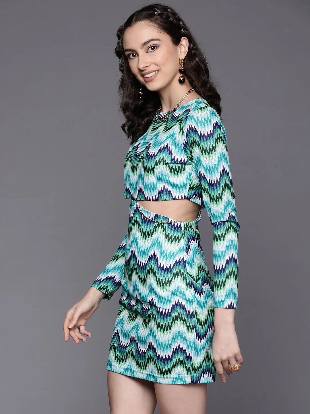 Blue Chevron Print Cut Out Dress | Women's Designer Lehengas