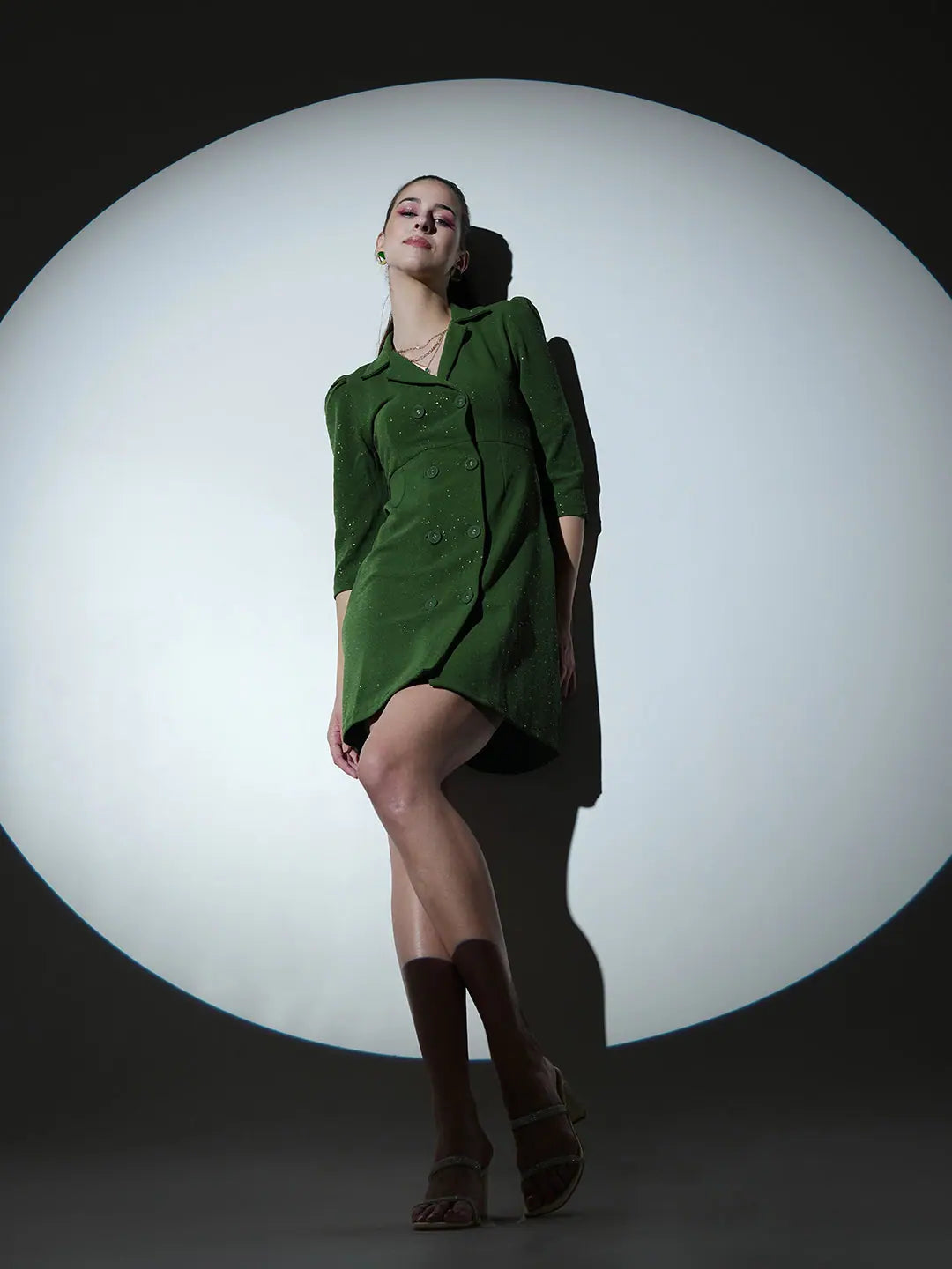 Olive Shimmer Blazer Dress - Women's Double Breasted Party Wear