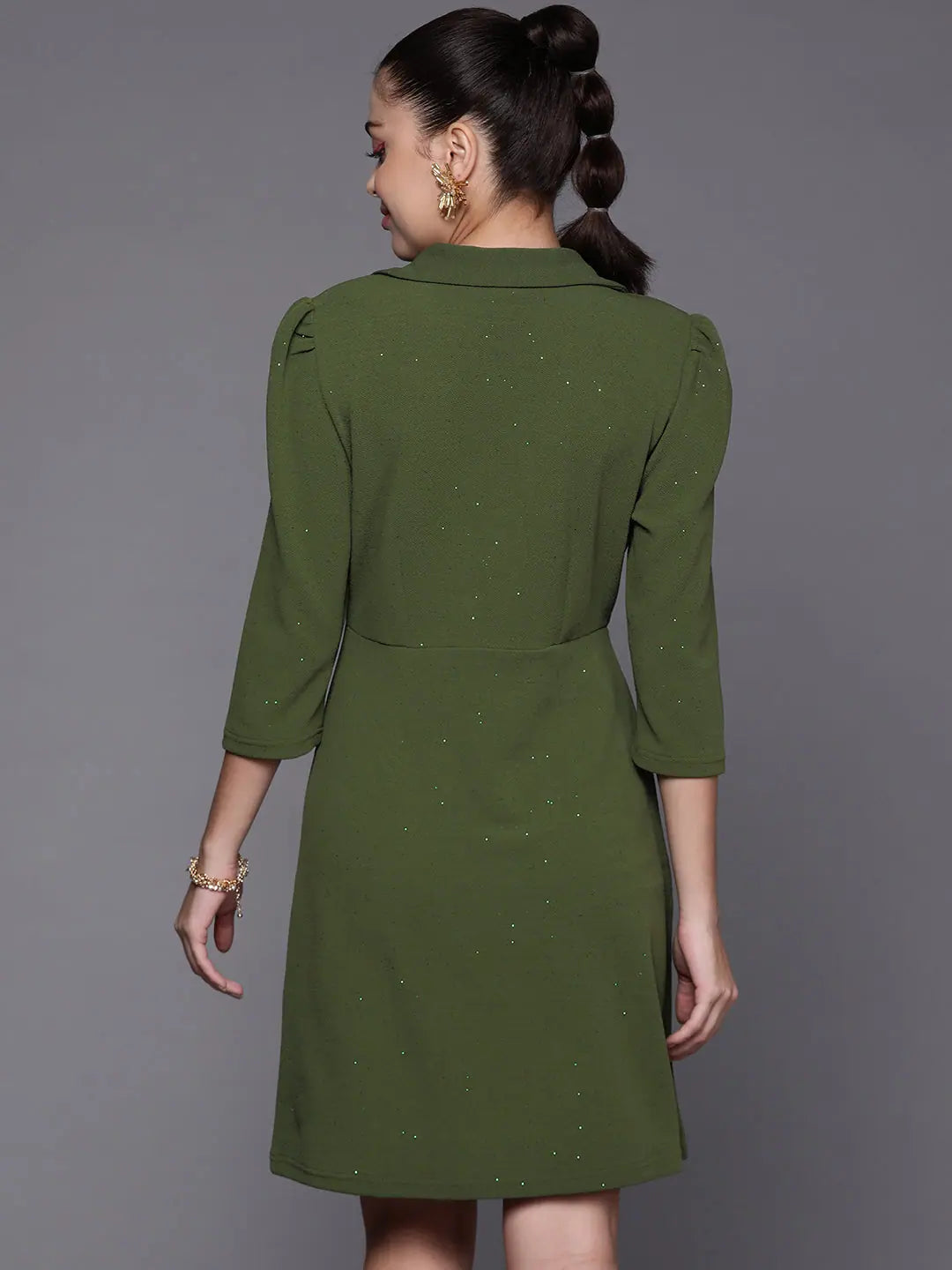 Olive Shimmer Blazer Dress - Women's Double Breasted Party Wear
