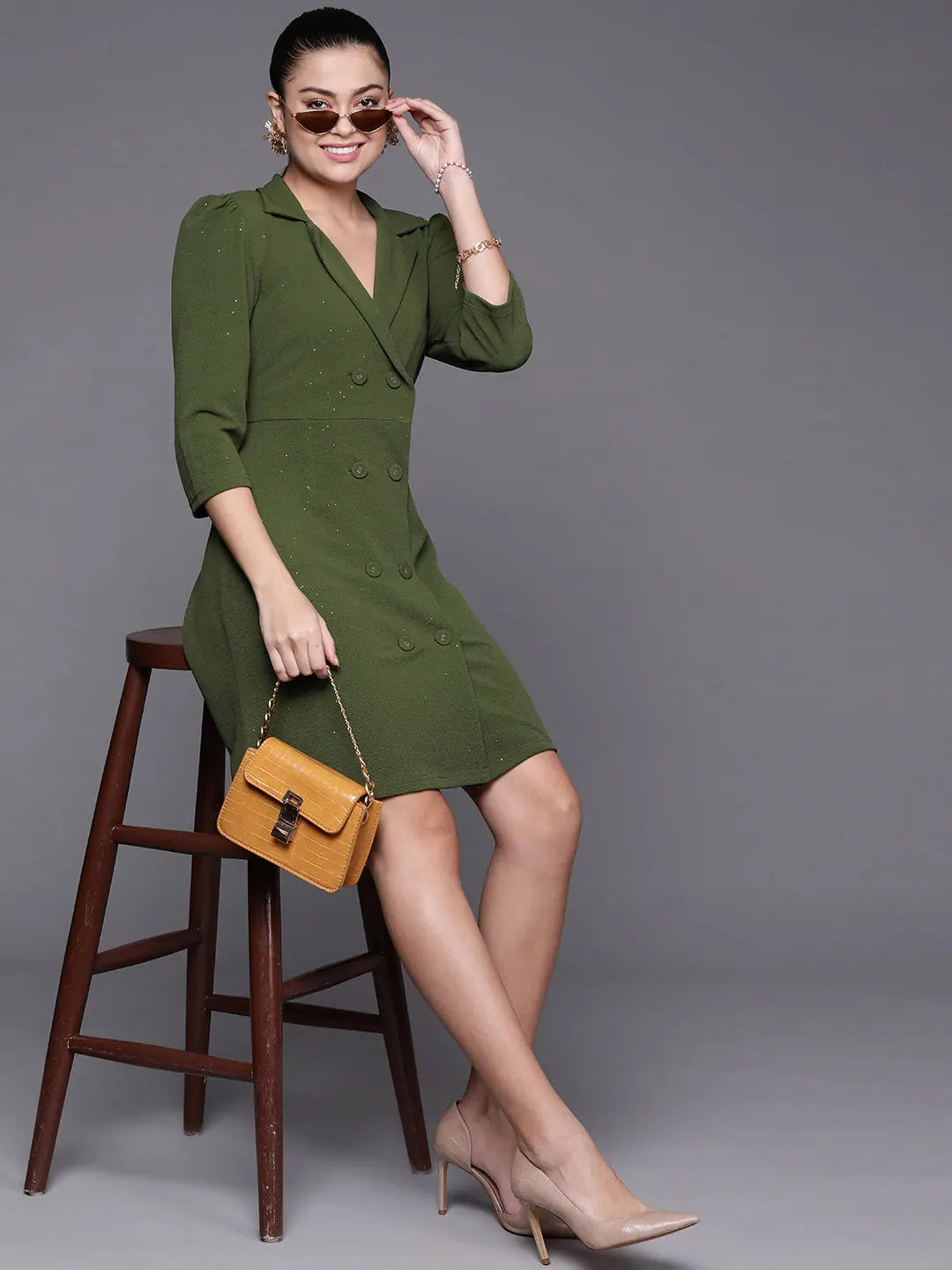 Olive Shimmer Blazer Dress - Women's Double Breasted Party Wear