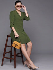 Women Olive Shimmer Double Breasted Blazer Dress