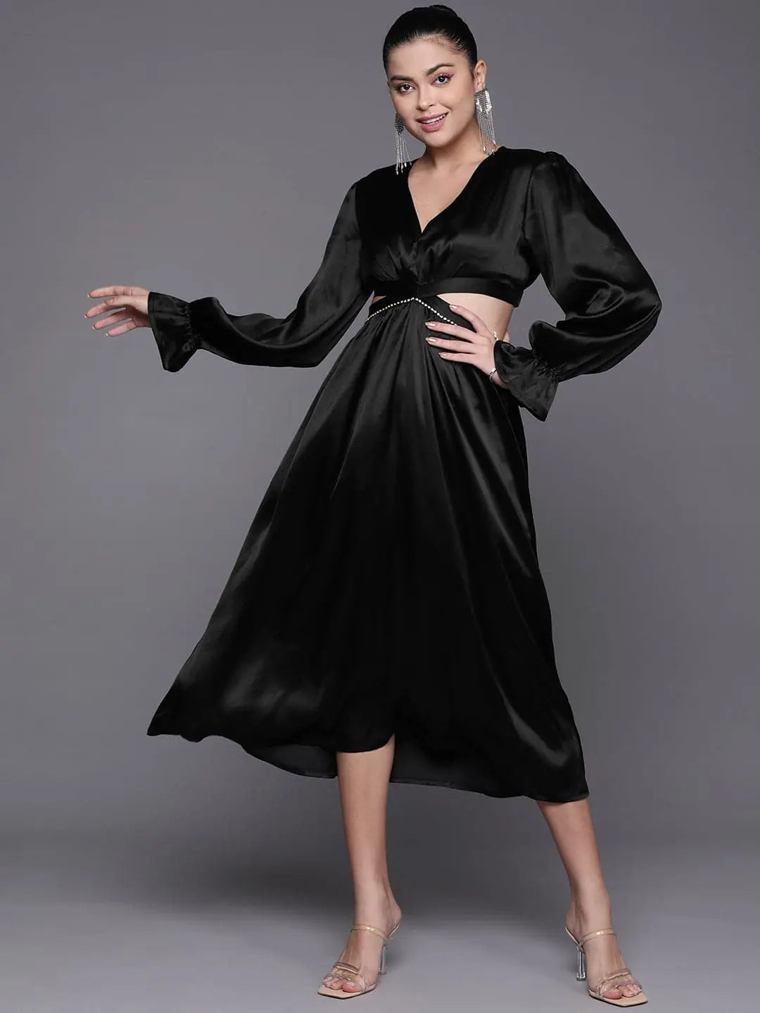black satin cut out midi dress Social Hour Cut Out Midi Dress in Black