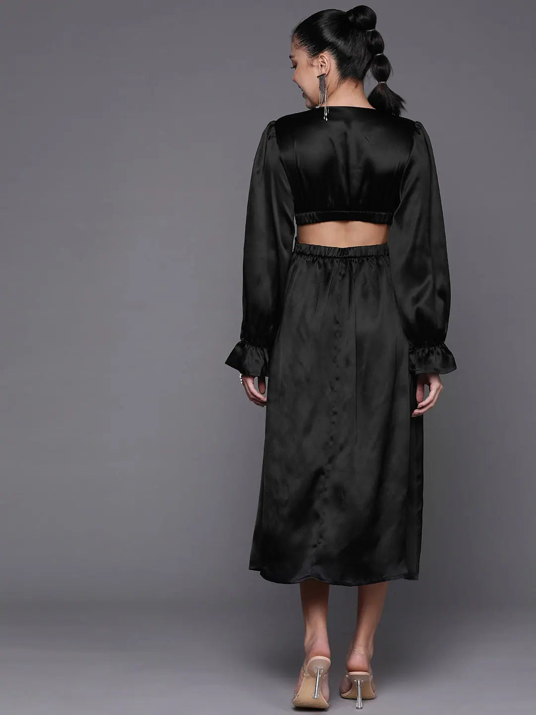 Black Satin Midi Dress: Party Wear Lehenga Inspired Design