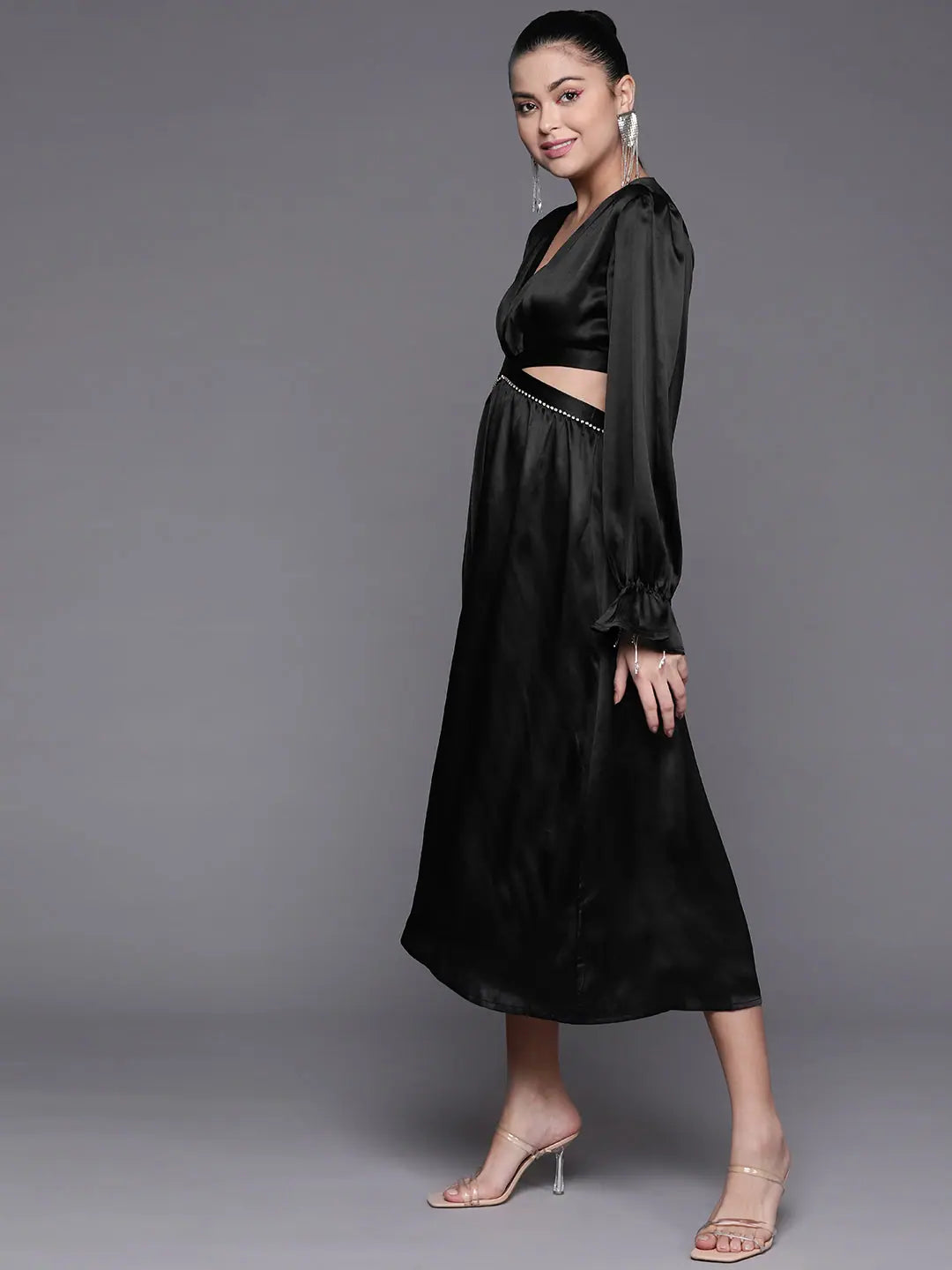 black satin cut out midi dress Black Satin Midi Dress: Party Wear Lehenga Inspired Design