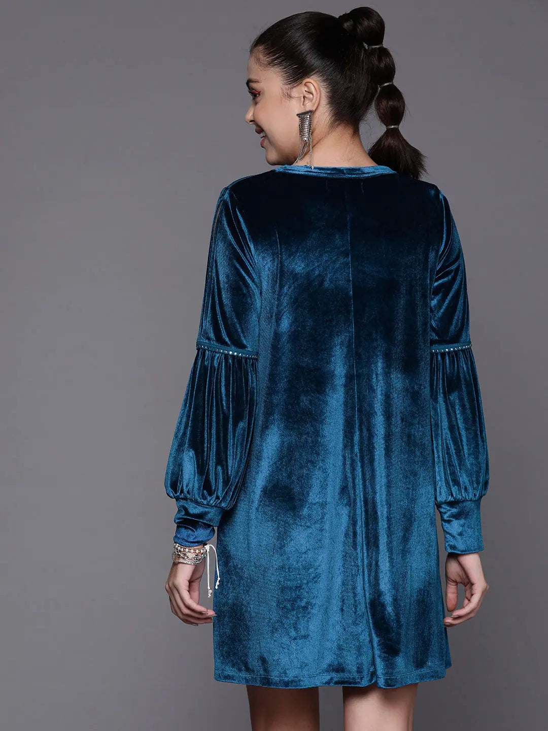 Blue Velvet Dress - Women's Loose Fit Full Sleeve Party Dress