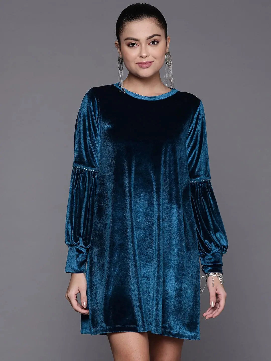 Blue Velvet Dress - Women's Loose Fit Full Sleeve Party Dress