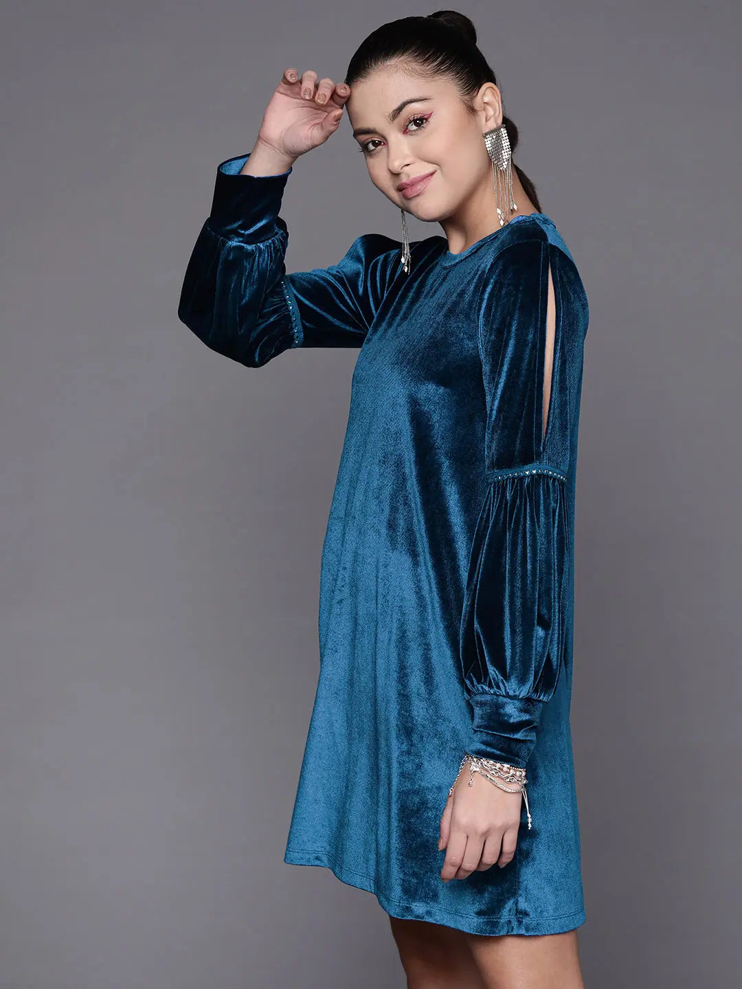 Blue Velvet Dress - Women's Loose Fit Full Sleeve Party Dress
