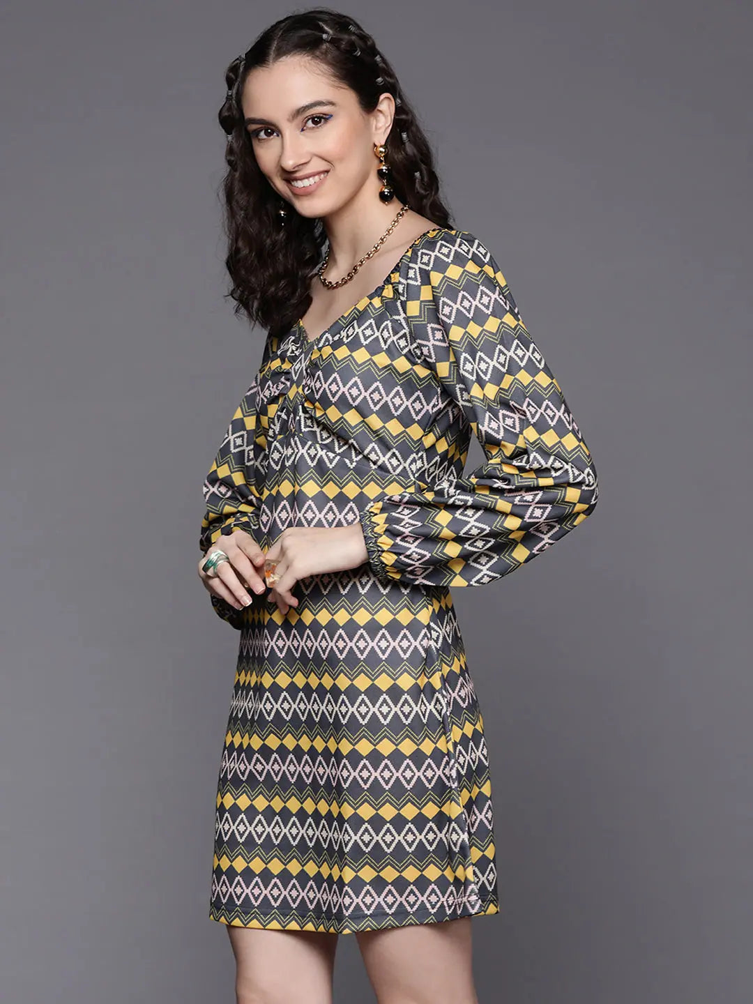 Yellow Geometric Dress: Women's Lehenga Choli Inspired Style