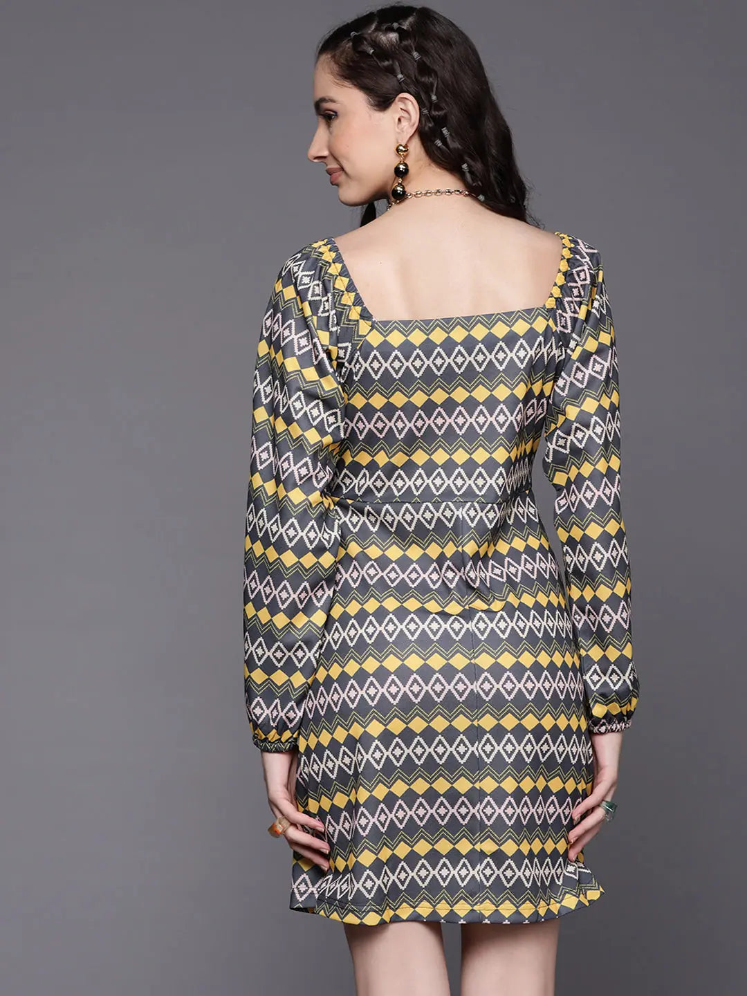 Yellow Geometric Dress: Women's Lehenga Choli Inspired Style