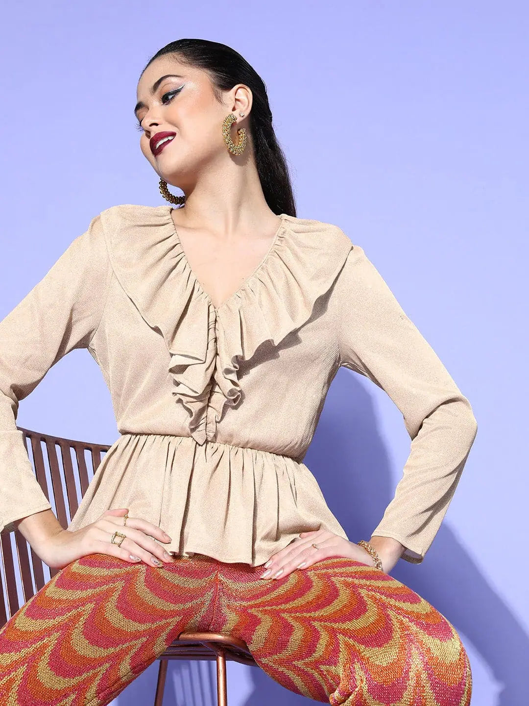 Ruffled Peplum Top: Women's Western Wear - Beige & Gold Lurex