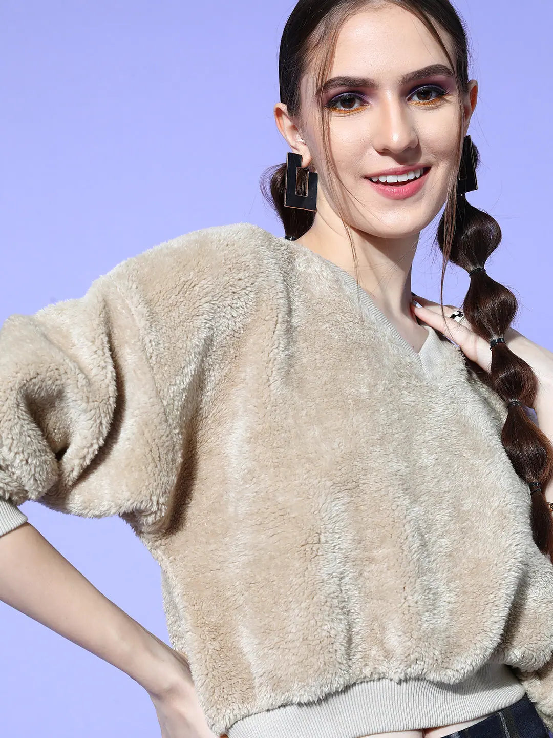 Beige Fur Crop Sweatshirt | Modern Ethnic Style for Women