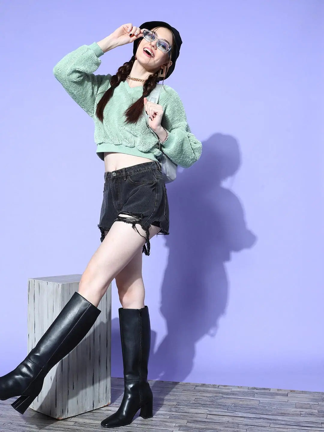Sea Green Fur Crop Sweatshirt - Women's Ethnic Style Layer