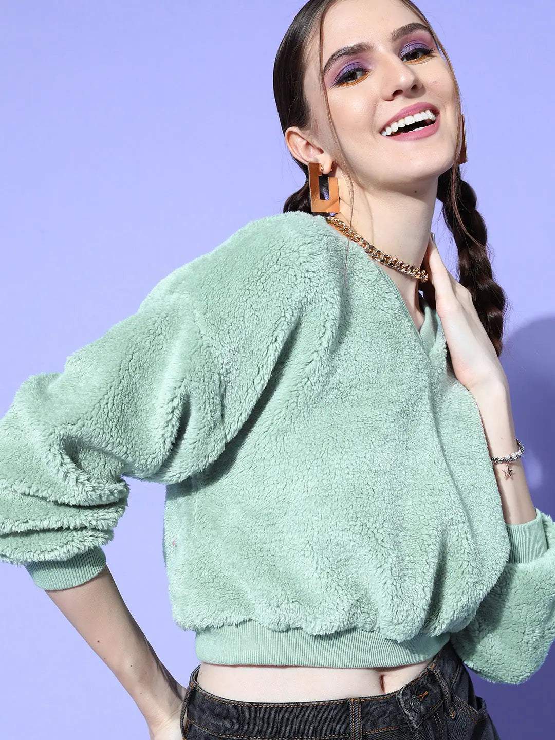 Sea Green Fur Crop Sweatshirt - Women's Ethnic Style Layer