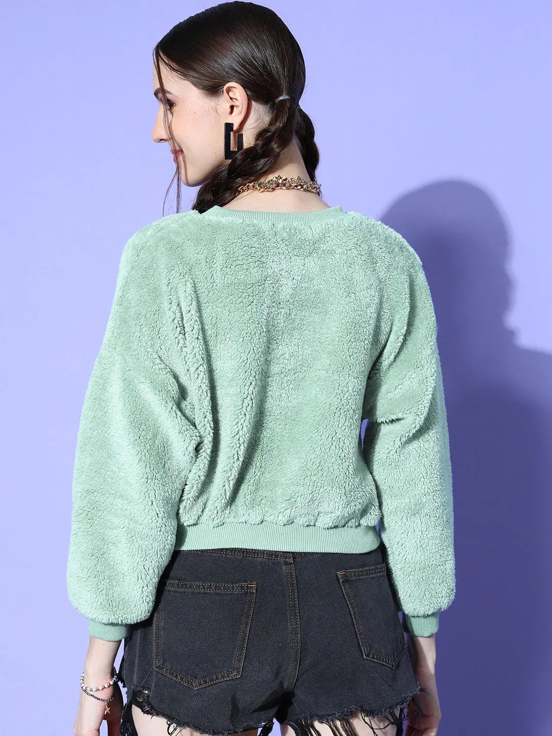 Sea Green Fur Crop Sweatshirt - Women's Ethnic Style Layer