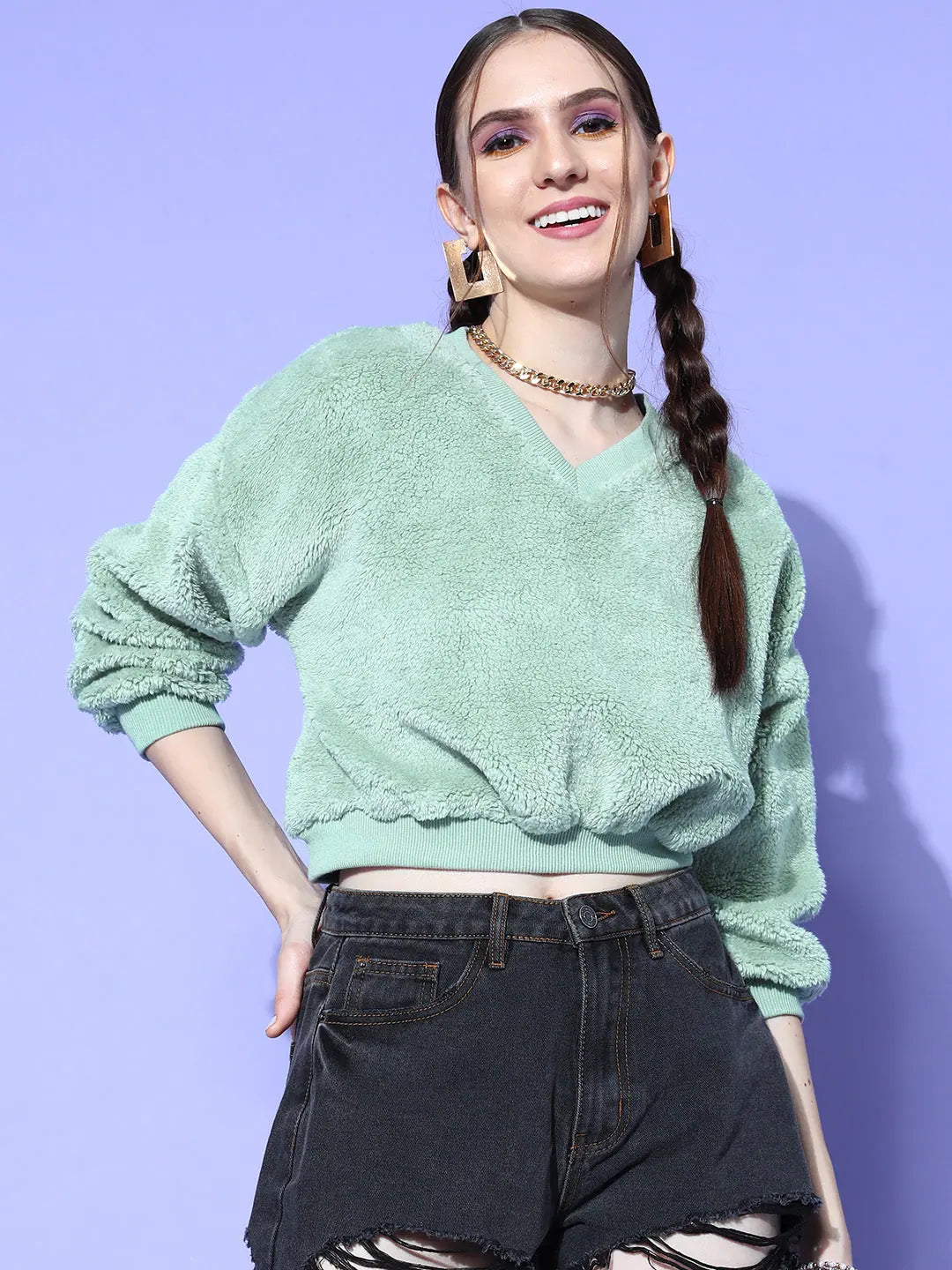 Sea Green Fur Crop Sweatshirt - Women's Ethnic Style Layer