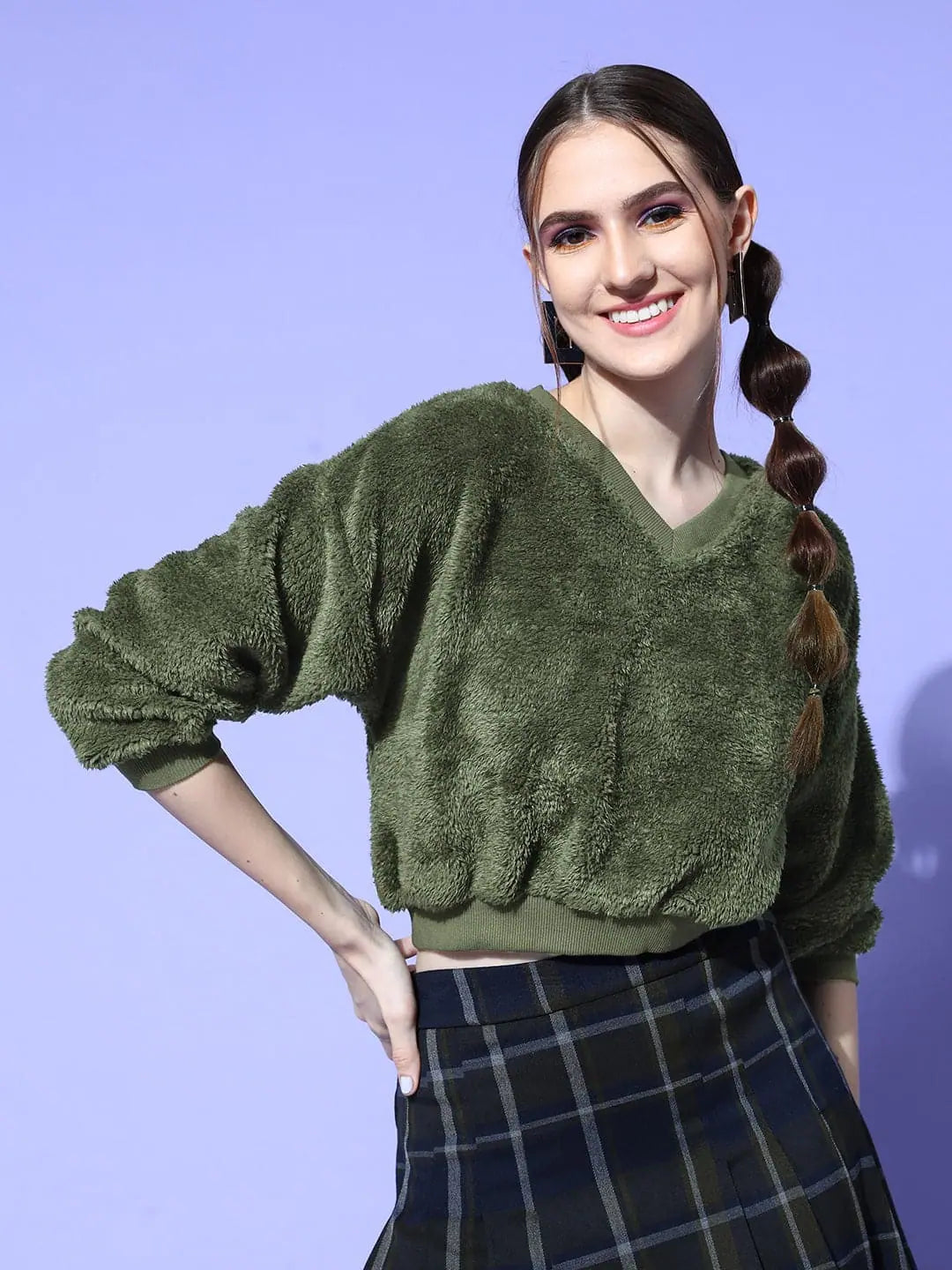 Olive Fur Crop Sweatshirt for Women | Ethnic Inspired Winter Wear