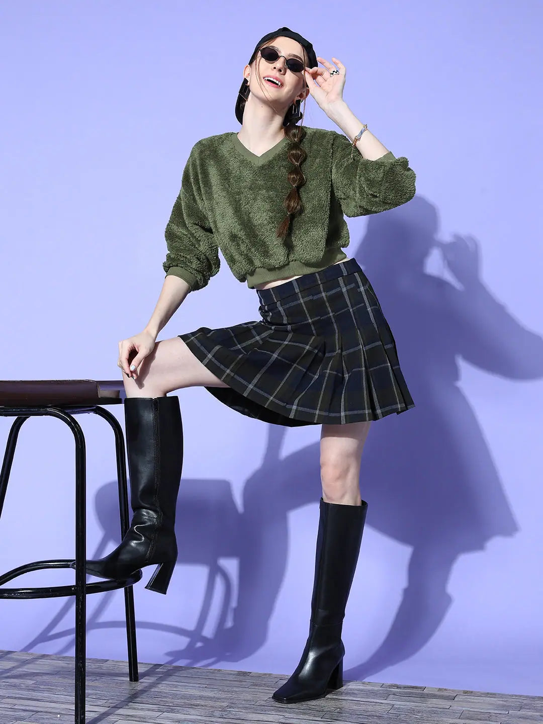 Olive Fur Crop Sweatshirt for Women | Ethnic Inspired Winter Wear