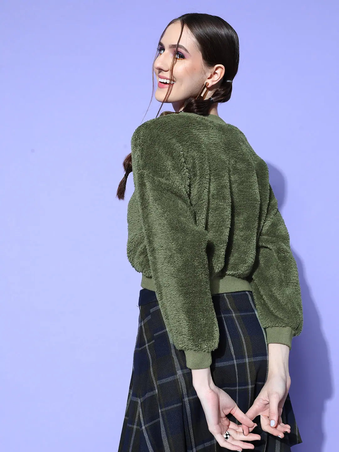 Olive Fur Crop Sweatshirt for Women | Ethnic Inspired Winter Wear