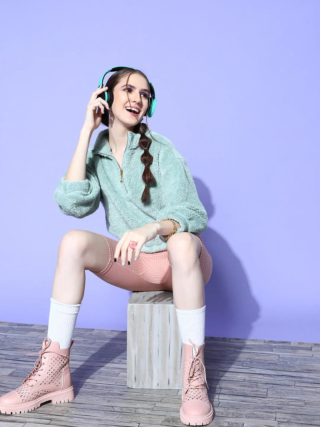 Sea Green Fur Zipper Sweatshirt | Ethnic Layering for Women