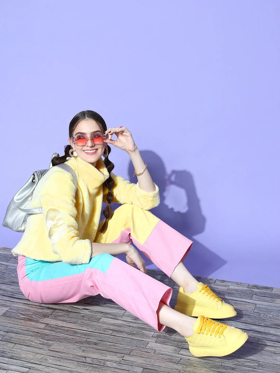 Yellow High Neck Fur Sweatshirt | Designer Lehenga Collection