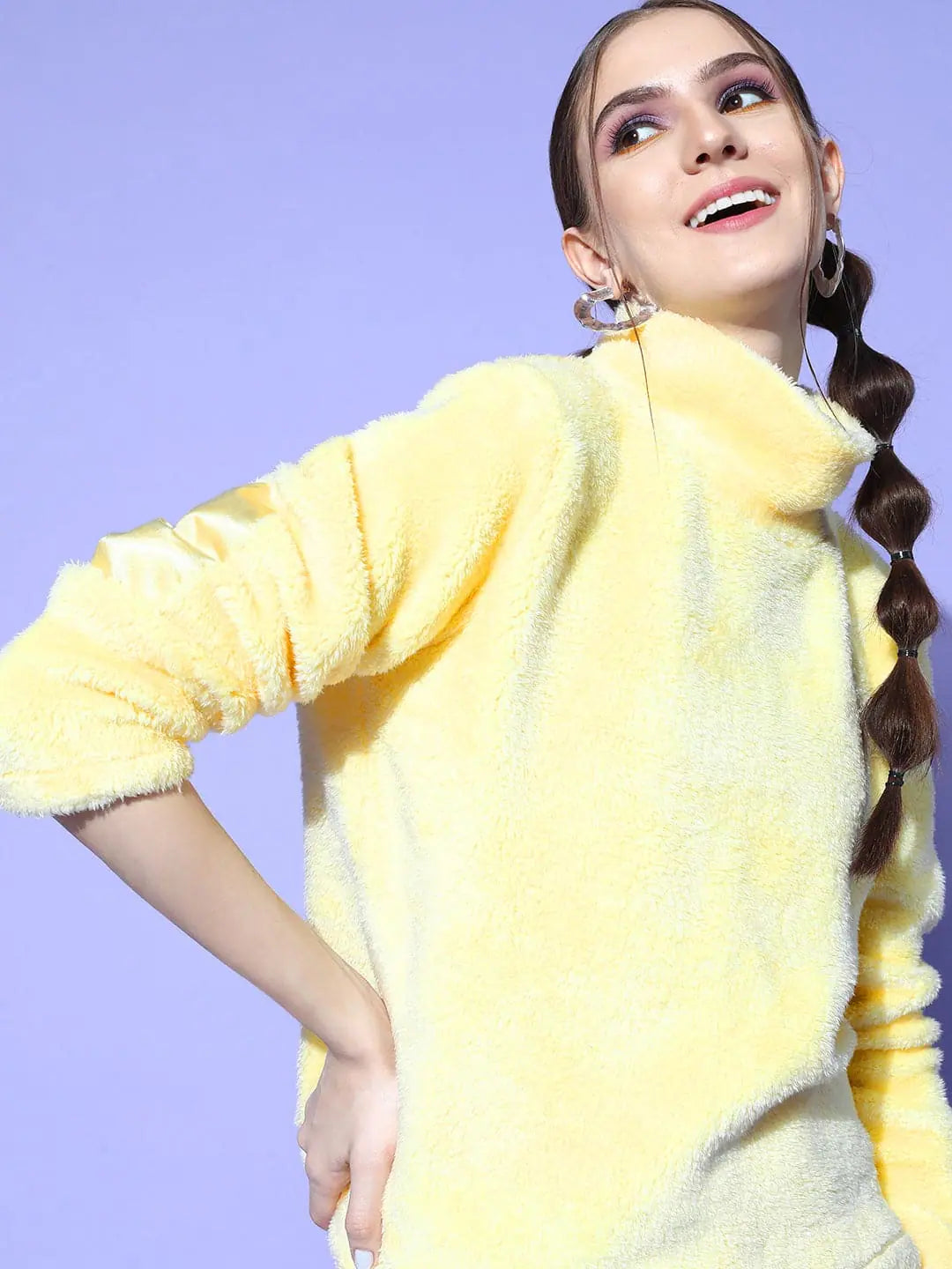 Yellow High Neck Fur Sweatshirt | Designer Lehenga Collection