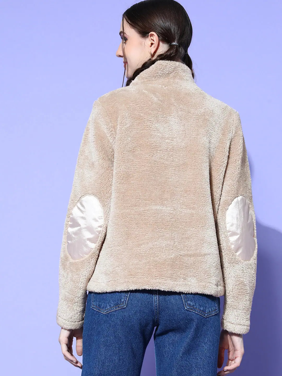 Beige High Neck Fur Sweatshirt | Ethnic Lehenga Collection